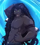  2015 abs anthro arm_behind_head black_hair black_nose black_skin clothed clothing fangs feline green_eyes hair half-dressed jeans lapres long_hair looking_at_viewer male mammal muscles nipple_piercing nipples open_mouth panther pants piercing smile solo teeth topless 