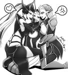  armor breasts cleavage covering_mouth diana_(league_of_legends) ear_protection fang forehead_protector greyscale helmet large_breasts league_of_legends leona_(league_of_legends) long_hair monochrome mouth_hold multiple_girls oldlim short_hair syndra thighhighs valentine yuri 
