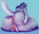  anthro anus big_butt butt butt_grab canine female fralea fur hand_on_butt looking_back mammal nude plain_background purple_fur pussy pussy_juice raised_tail sitting solo spreading thick_thighs wide_hips 