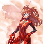  bangs blue_eyes bodysuit bracer breasts contrapposto cowboy_shot eva_02 from_side gloves hair_ornament hand_on_own_thigh holding holding_weapon lance_of_longinus light_smile long_hair mecha medium_breasts neon_genesis_evangelion number orange_hair pilot_suit plugsuit polearm silhouette solo souryuu_asuka_langley spear standing takoyaki_neko-san turtleneck two_side_up weapon 