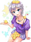  anastasia_(idolmaster) ashita_(2010) bad_id bad_twitter_id bird blue_eyes breasts chick idolmaster idolmaster_cinderella_girls medium_breasts open_mouth short_hair silver_hair smile solo star too_many too_many_chicks 