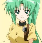  07th_expansion 2girls animated animated_gif aqua_eyes artist_request bare_shoulders bouncing_breasts breasts green_hair gun hair_ribbon higurashi_no_naku_koro_ni large_breasts long_hair looking_at_viewer multiple_girls no_naku_koro_ni_(series) ponytail ribbon sisters smile sonozaki_mion sonozaki_shion twins weapon 