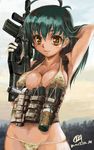  ar-15 arm_up armpits assault_rifle bikini breasts camouflage camouflage_bikini cleavage dated gloves green_hair gun handgun highres load_bearing_vest long_hair looking_at_viewer m1911 magazine_(weapon) medium_breasts multicam_(camo) oda_(orz) original pistol rifle signature skindentation smile smoke_grenade solo strap_gap swimsuit thumbhole_stock vertical_foregrip weapon 