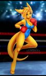  2015 anthro becka big_breasts blonde_hair boxing boxing_gloves breasts cleavage clothed clothing female green_eyes hair kangaroo leotard lipstick looking_at_viewer mammal marsupial muscles red_lips solo xxmteexx 