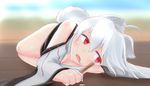  animal_ears bad_id bad_pixiv_id bare_shoulders blush breasts cleavage detached_sleeves fang inubashiri_momiji looking_away lying marusan medium_breasts open_mouth red_eyes short_hair silver_hair solo tail touhou wolf_ears wolf_tail 