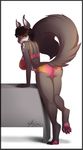  2015 anthro black_hair bra butt clothed clothing feet female fur grey_fur hair half-dressed long_tail looking_at_viewer looking_back mammal markings orange_eyes panties plain_background rear_view rodent short_hair solo squirrel table underwear vexstacy white_background 
