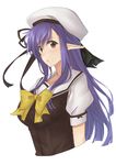  1girl blush hat long_hair looking_at_viewer nerine pointy_ears purple_hair red_eyes school_uniform short_sleeves shuffle! simple_background solo upper_body white_background 