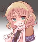  anger_vein biting biting_clothes blonde_hair blush clenched_teeth green_eyes half_updo jealous marshmallow_mille mizuhashi_parsee mouth_hold pointy_ears ribbon ribbon_in_mouth scarf short_sleeves solo squiggle tears teeth touhou trembling upper_body wavy_hair 