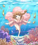  baba_konomi barefoot blue_eyes brown_hair bubble coral diving dress fish freediving happy highres holding_breath idolmaster idolmaster_million_live! lostviolette ocean smile solo swimming underwater 