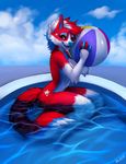  2015 anthro beach_ball canine falvie female fur mammal nude one_eye_closed pool red_fur solo water 