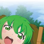  animal_ears broom fang green_eyes green_hair kasodani_kyouko kotori_photobomb looking_at_viewer love_live! love_live!_school_idol_project open_mouth parody short_hair smile solo sweetcoolcolors touhou 