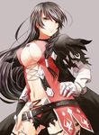  bandaged_arm bandages belt black_choker black_hair braid breasts choker expressionless grey_background large_breasts long_hair mishiro_(andante) navel short_shorts shorts side_braid solo tales_of_(series) tales_of_berseria torn_clothes underboob velvet_crowe yellow_eyes 