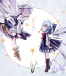  blue_hair boots bow cape circle cirno closed_eyes flower hair_bow hat highres ice letty_whiterock multiple_girls open_mouth profile sanso smile star touhou translated white_hair wings 