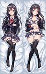  bed_sheet black_hair black_legwear blue_eyes blush bra breasts crossed_arms dakimakura long_hair long_legs multiple_views navel orange_maru panties ribbon school_uniform small_breasts thigh_gap thighhighs triangle_mouth underwear undressing yahari_ore_no_seishun_lovecome_wa_machigatteiru. yukinoshita_yukino 