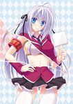  ahoge armband bdsm blue_eyes bondage bound bow bra checkered checkered_background crotch_rope hair_bow hair_ribbon hand_on_hip long_hair midriff naturalton necktie official_art osananajimi_gakuen_ou_wa_s_or_m? page_tear panties revealing_cutout ribbon school_uniform shibari shibari_under_clothes silver_hair smile underwear white_bra white_legwear white_panties 