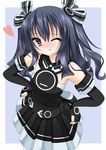 ahhien black_hair blush breasts elbow_gloves gloves hair_ornament hair_ribbon hands_on_hips heart heart-shaped_pupils highres looking_at_viewer neptune_(series) one_eye_closed red_eyes ribbon small_breasts solo symbol-shaped_pupils two_side_up uni_(choujigen_game_neptune) 
