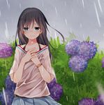  blush brown_hair flower hands_together hydrangea long_hair minamiya_mia original pleated_skirt rain skirt solo tears watch wet wristwatch 