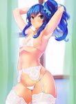  aikatsu! aikatsu!_(series) armpits arms_behind_head arms_up blue_eyes blue_hair blush bra cowboy_shot flat_chest garter_belt highres hips indoors kiriya_aoi micro_panties navel panties poko_chin scrunchie side_ponytail smile solo thighhighs underwear underwear_only white_bra white_legwear white_panties window 