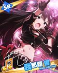  beamed_eighth_notes black_hair character_name character_signature earrings ganaha_hibiki gloves idolmaster idolmaster_(classic) idolmaster_million_live! jewelry long_hair microphone music musical_note navel official_art pointing ponytail singing 