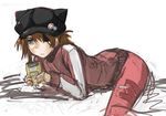  animal_hat bags_under_eyes blue_eyes brown_hair cabbie_hat cat_hat cropped_legs evangelion:_3.0_you_can_(not)_redo eyepatch game_boy_color half-closed_eyes handheld_game_console hat highres jacket long_hair lying neon_genesis_evangelion on_stomach panties_(pantsu-pirate) plugsuit rebuild_of_evangelion shikinami_asuka_langley solo souryuu_asuka_langley track_jacket 