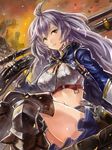  belt blue_jacket blue_skirt bustier dutch_angle edobox granblue_fantasy greaves gun jacket long_hair looking_at_viewer navel over_shoulder rifle silva_(granblue_fantasy) silver_hair sitting skirt solo weapon weapon_over_shoulder yellow_eyes 