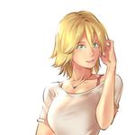  allison_(summer_lesson) blonde_hair green_eyes hair_tucking jewelry jinbao_zhaobo necklace short_hair solo summer_lesson upper_body white_background 