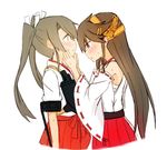  atsushi_(aaa-bbb) bare_shoulders blush brown_hair commentary detached_sleeves eyebrows_visible_through_hair hairband hands_on_another's_face haruna_(kantai_collection) japanese_clothes kantai_collection long_hair multiple_girls nontraditional_miko parted_lips remodel_(kantai_collection) yuri zuikaku_(kantai_collection) 