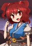  :d hair_bobbles hair_ornament harusame_(unmei_no_ikasumi) looking_at_viewer onozuka_komachi open_mouth red_eyes red_hair scythe short_hair smile solo touhou two_side_up 