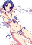  ahoge ass_visible_through_thighs barefoot bead_necklace beads bikini blue_bikini blue_hair bracelet breasts dripping elbows_together halter_top halterneck heart heart-shaped_pupils hirose_(mokiki) holding holding_towel idolmaster idolmaster_(classic) jewelry large_breasts looking_at_viewer miura_azusa navel necklace open_mouth red_eyes short_hair side-tie_bikini smile solo swimsuit symbol-shaped_pupils towel upper_teeth wet 