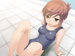  brown_eyes brown_hair folded_ponytail one-piece_swimsuit original poolside school_swimsuit short_hair sitting solo soshina_nohito swimsuit 