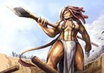  abs anthro big_breasts breasts bulge clothing cloud dickgirl dreadlocks feline fur green_eyes intersex kaje link2004 lion loincloth mammal markings muscles muscular_intersex nipples outside polearm sky solo spear standing tattoo tribal weapon 