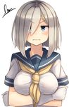  blush breast_hold breasts gloves hair_over_one_eye hamakaze_(kantai_collection) highres jitome kantai_collection medium_breasts plan_(planhaplalan) school_uniform serafuku short_hair short_sleeves signature silver_hair simple_background solo upper_body white_background white_gloves 