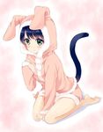  animal_ears animal_hood bangs blue_hair blush bunny_ears bunny_hood bunny_pajamas cat_tail cyan_(show_by_rock!!) fake_animal_ears green_eyes hood maruki_(punchiki) pajamas show_by_rock!! solo tail 