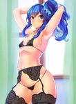  aikatsu! aikatsu!_(series) armpits arms_behind_head arms_up black_bra black_legwear black_panties blue_eyes blue_hair blush bra cowboy_shot flat_chest garter_belt highres hips indoors kiriya_aoi micro_panties navel panties poko_chin scrunchie side_ponytail smile solo thighhighs underwear underwear_only window 