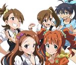  antenna_hair aqua_eyes blue_eyes brown_eyes brown_hair covering_mouth earrings fang futami_ami futami_mami ganaha_hibiki grin hairband hand_over_own_mouth highres hood hoodie hoop_earrings idolmaster idolmaster_(classic) jewelry long_hair looking_at_viewer minase_iori multiple_girls one_eye_closed orange_hair ponytail purple_eyes scrunchie short_hair side_ponytail simple_background smile takatsuki_yayoi tears tokiani twintails white_background 