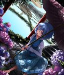  :p aircraft airship blue_eyes blue_hair dutch_angle flower heterochromia highres hydrangea karakasa_obake namatyaba open_mouth palanquin_ship rain red_eyes reflection short_hair solo tatara_kogasa tongue tongue_out touhou umbrella 