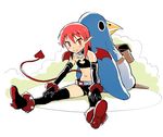  alternate_hairstyle anklet back-to-back bag bat_wings belt black_gloves black_legwear blush_stickers boots choker demon_girl demon_tail disgaea elbow_gloves etna fang flat_chest full_body gloves hair_down hands_on_own_knees jewelry looking_at_viewer midriff mini_wings navel pointy_ears prinny red_eyes red_hair red_wings short_hair short_shorts shorts sitting slit_pupils studded_bracelet tail thigh_boots thighhighs tim_loechner wings 