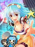  :d blue_hair blush breasts brown_eyes cleavage collarbone controller edobox game_controller hairband headphones headphones_around_neck looking_at_viewer medium_breasts open_mouth original pixel_art reaching_out short_hair smile wristband 
