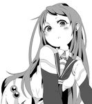  bangs bare_shoulders blush elbow_gloves gloves greyscale kantai_collection long_hair looking_at_viewer monochrome necktie ofly_(ofly252) sailor_collar samidare_(kantai_collection) school_uniform shirt skirt sleeveless sleeveless_shirt solo swept_bangs very_long_hair white_background 