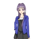  black_dress blazer bluefield clannad dress fujibayashi_kyou hair_intakes hair_ribbon hand_in_pocket highres jacket long_hair older purple_eyes purple_hair ribbon solo tress_ribbon 