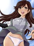  abriel00 arashio_(kantai_collection) arm_warmers bike_shorts breasts brown_eyes brown_hair day dress_shirt kantai_collection long_hair medium_breasts open_mouth panties pleated_skirt school_uniform shirt skirt sky smile solo sun suspender_skirt suspenders underwear white_panties 