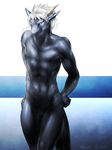  2015 abs braided_hair cuntboy dragon equus hair hands_on_hips horn intersex looking_at_viewer muscles nude pussy solo teal_eyes white_hair 