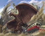  claws cloud day destruction dust godzilla_(series) ground_vehicle highres kaijuu md5_mismatch monster motor_vehicle no_humans nyoruniru rodan ruins sparks streetcar truck tunnel wings 