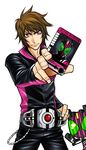  belt card holding holding_card kadoya_tsukasa kamen_rider kamen_rider_dcd kamen_rider_decade male_focus nao_yuki solo 