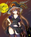  bat blush breasts brown_hair cleavage food_themed_hair_ornament full_moon fuyuno_taka hair_ornament halloween hand_on_hip hat jack-o'-lantern large_breasts long_hair midriff moon navel original panties pumpkin pumpkin_hair_ornament purple_eyes solo striped striped_legwear thighhighs underwear wind wind_lift witch_hat yellow_moon 