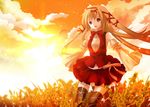  bad_id bad_pixiv_id bare_shoulders blonde_hair cloud detached_sleeves dress dusk field hair_ribbon long_hair original outstretched_arms purple_eyes ribbon skirt solo spread_arms sunlight sunset thigh_ribbon thighhighs very_long_hair vest wheat yuuki_kira 