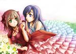  amami_haruka blue_eyes blue_hair brown_hair eye_contact flower green_eyes hair_ornament hair_ribbon idolmaster idolmaster_(classic) kisaragi_chihaya long_hair looking_at_another multiple_girls ribbon yakusa yuri 