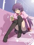  bakemonogatari blush highres itou_ryuusei long_hair monogatari_(series) purple_hair school_uniform senjougahara_hitagi solo stapler thighhighs 