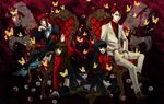  3girls armband bad_id bad_pixiv_id black_hair black_legwear blue_eyes brother_and_sister brown_hair bug butterfly hair_bobbles hair_ornament insect long_hair lucifer mammon multiple_girls red_eyes red_hair siblings stakes_of_purgatory thighhighs twintails umineko_no_naku_koro_ni ushiromiya_ange ushiromiya_battler yahashi 