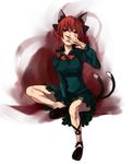  animal_ears braid cat_ears cat_tail fingernails hair_ribbon kaenbyou_rin kirisato_itsuki legs licking long_fingernails multiple_tails red_eyes red_hair ribbon short_hair sitting solo tail touhou twin_braids twintails 